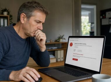 Person blickt besorgt auf eine verdächtige E-Mail am Laptop – Symbolbild Phishing