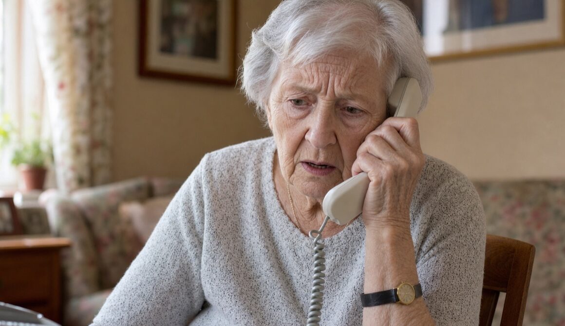 Besorgte ältere Frau am Telefon – Symbolbild Enkeltrick