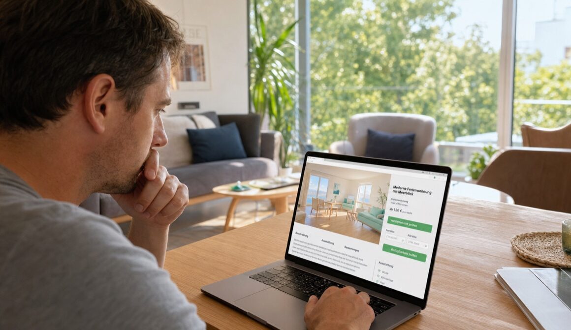 Person bucht nachdenklich eine Ferienwohnung am Laptop