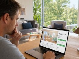 Person bucht nachdenklich eine Ferienwohnung am Laptop