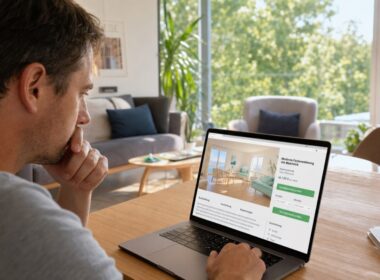 Person bucht nachdenklich eine Ferienwohnung am Laptop