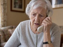 Besorgte ältere Frau am Telefon – Symbolbild Enkeltrick
