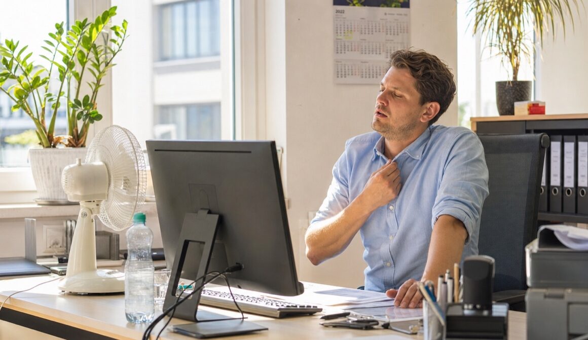 Bueroangestellter schwitzt am Schreibtisch im heissen Buero