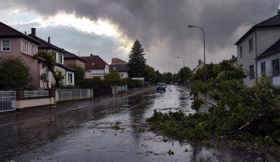 Wohnstrasse nach einem schweren Sommergewitter mit umgestuerztem Ast