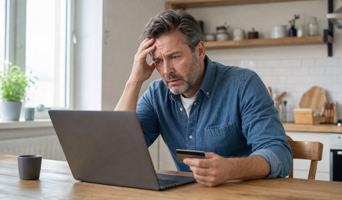 Besorgter Mann am Laptop nach Online-Kauf bei einem Fake-Shop