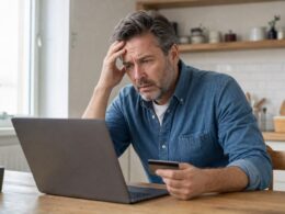 Besorgter Mann am Laptop nach Online-Kauf bei einem Fake-Shop