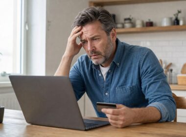 Besorgter Mann am Laptop nach Online-Kauf bei einem Fake-Shop