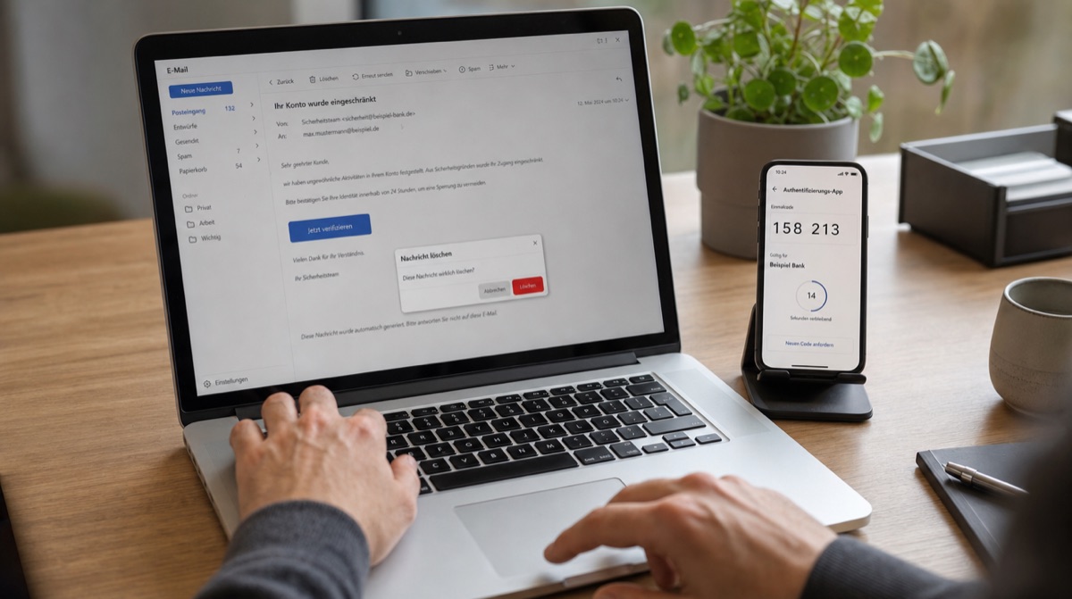 Verdächtige E-Mail wird gelöscht, Smartphone zeigt Zwei-Faktor-Code