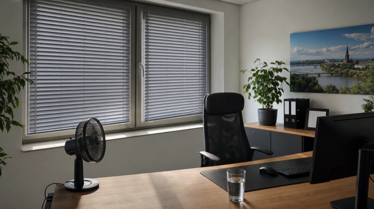 Buero mit Jalousien und Ventilator