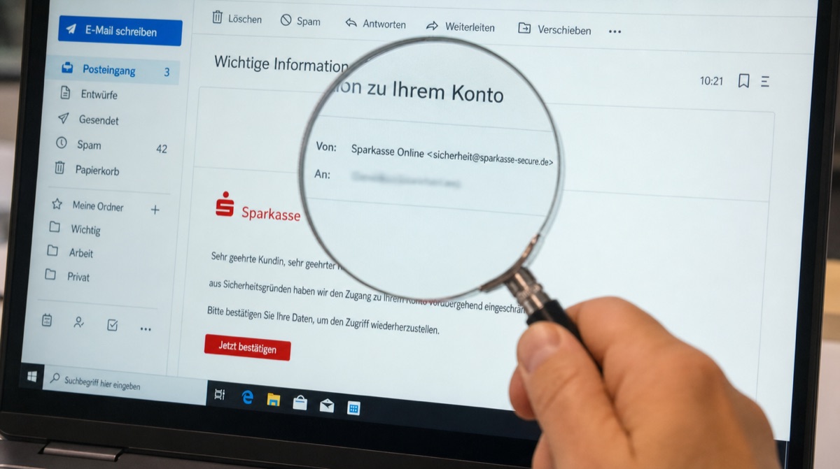 Lupe prüft die Absenderadresse einer verdächtigen E-Mail