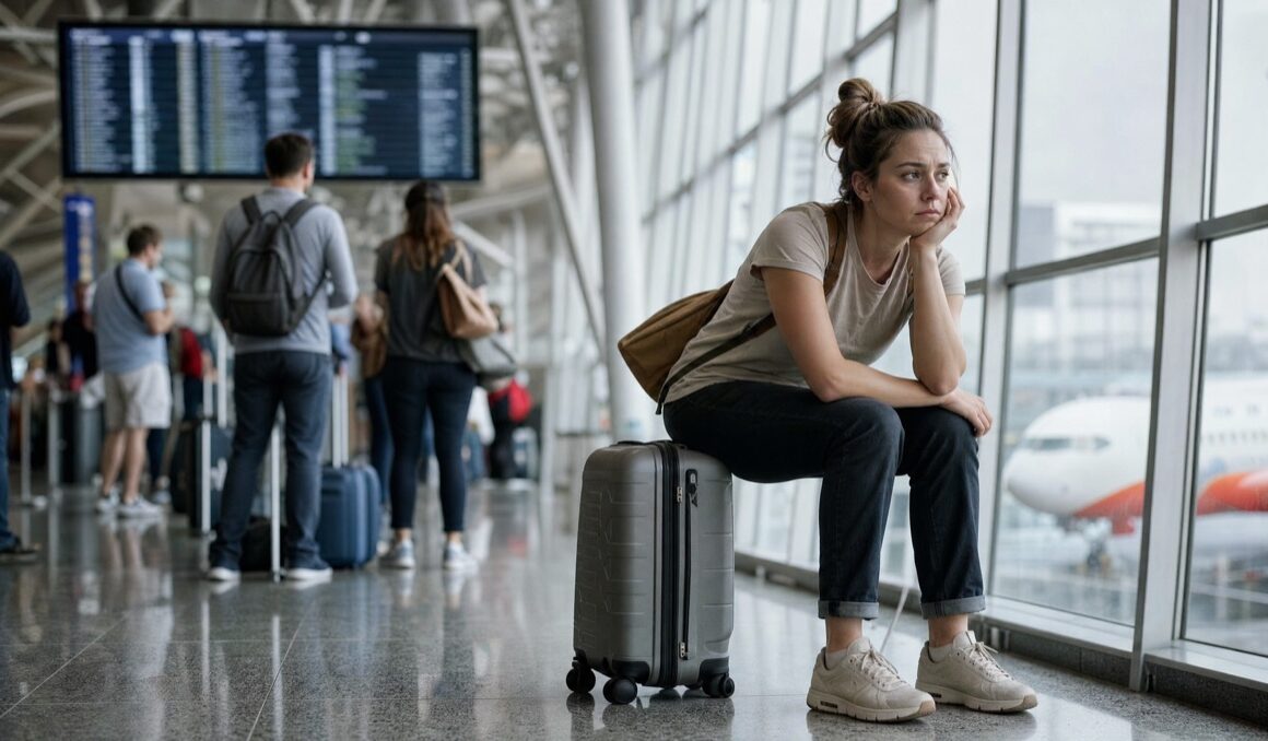 Wartende Reisende mit Koffern in einem Flughafenterminal