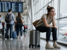 Wartende Reisende mit Koffern in einem Flughafenterminal