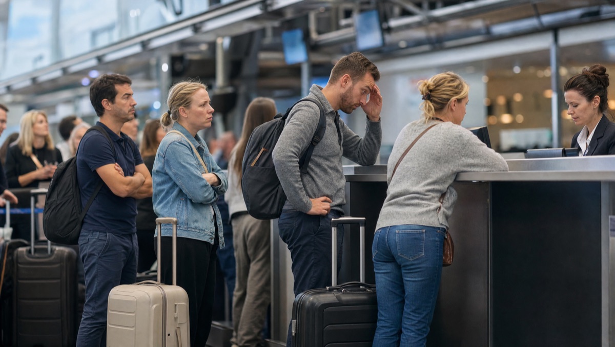 Warteschlange am Airline-Schalter im Flughafen