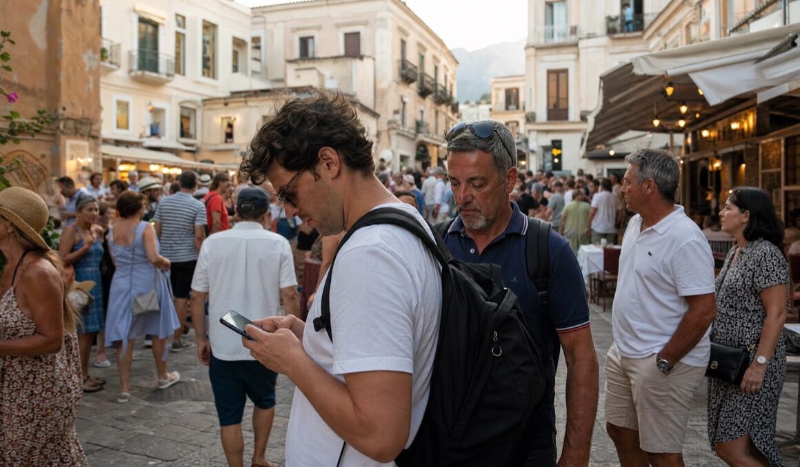 Belebter Altstadtplatz in Südeuropa voller Touristen