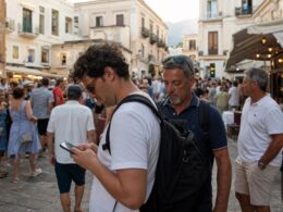 Belebter Altstadtplatz in Südeuropa voller Touristen