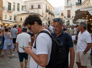 Belebter Altstadtplatz in Südeuropa voller Touristen