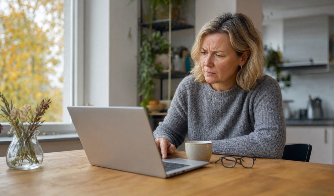 Frau am Kuechentisch prueft skeptisch eine E-Mail am Laptop