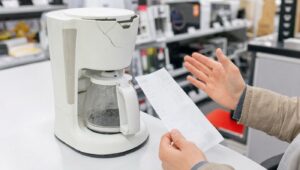 Defektes Kuechengeraet mit Kassenbon auf einer Ladentheke