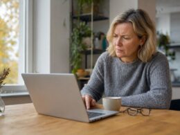 Frau am Kuechentisch prueft skeptisch eine E-Mail am Laptop