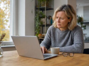 Frau am Kuechentisch prueft skeptisch eine E-Mail am Laptop
