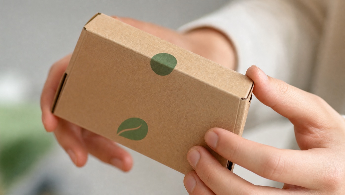 Verpackung mit gruenen Siegel-Aufklebern